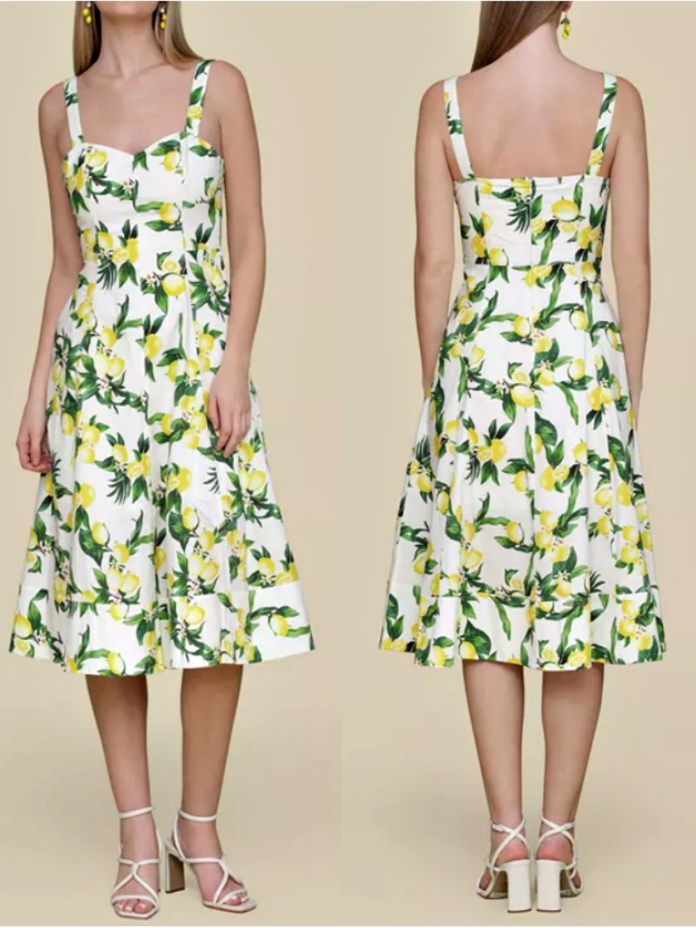 Avec Les Filles Lemon Print Pockets Cotton-Blend Sweetheart Midi Dress Size 6